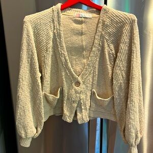 FP Beach TEXTURED KNIT cropped sweater button up cardigan pockets puff sleeve S